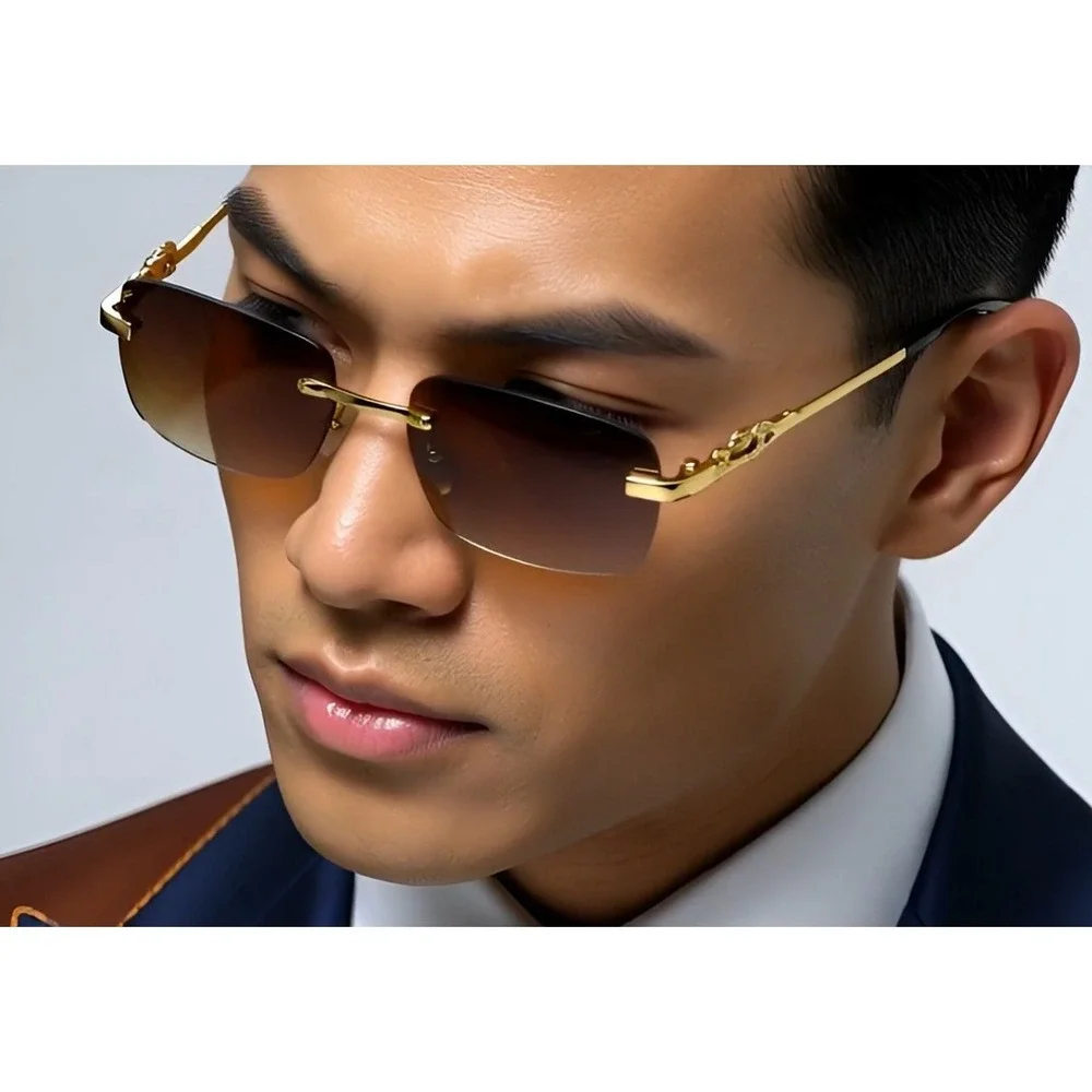Rimless Sunglasses Gold Brown Lens Fashion‎ Shades Men Retro Small Outdoor Gafas